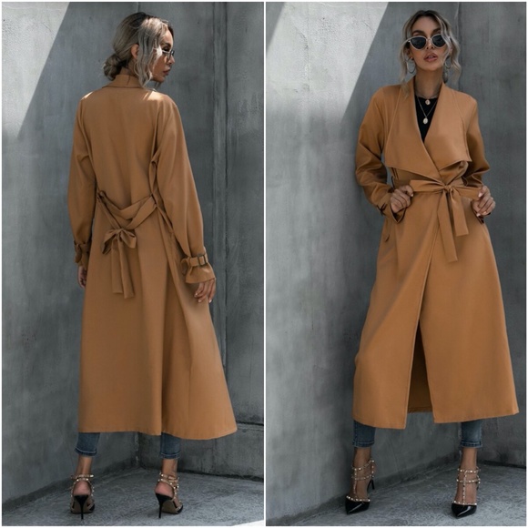 camel water fall long cuff buckle trench coat - Picture 2 of 3